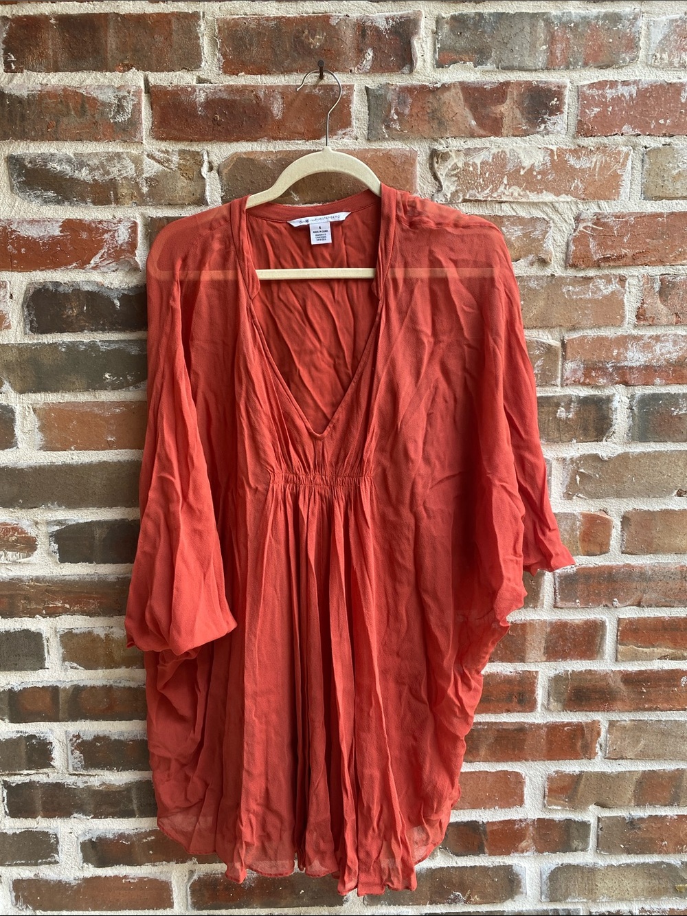 Diane Von Furstenberg Fleurette Burnt Orange Silk Chiffon V-Neck Tunic Dress
